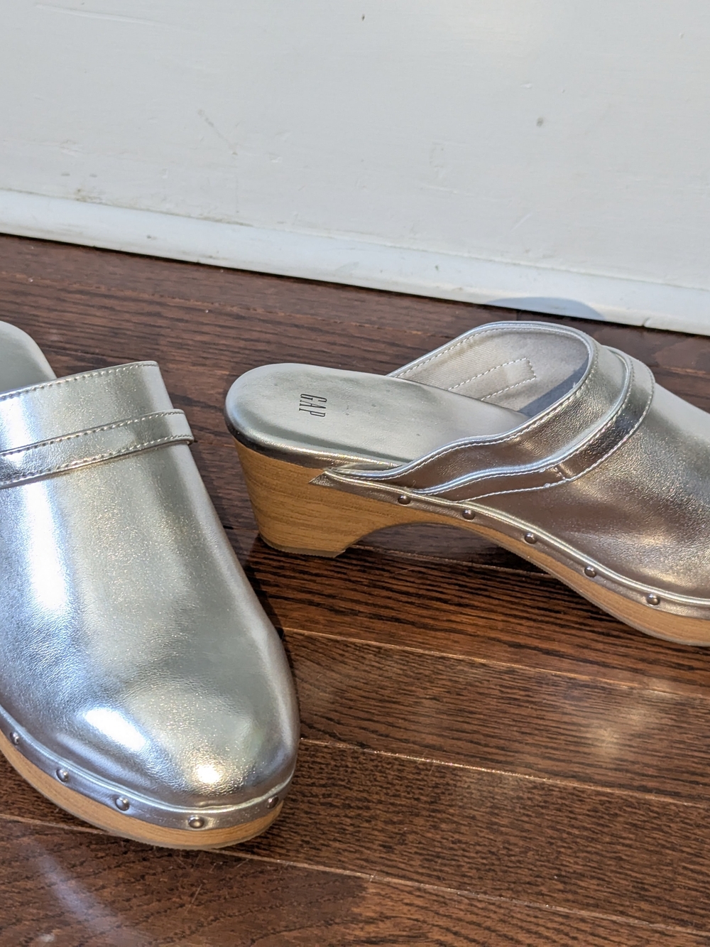 GAP Metallic Silver Leather Clog Mules with Wooden Heel